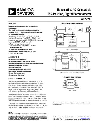 Analog Devices AD5259 Digital Potentiometer Datasheet - cover page
