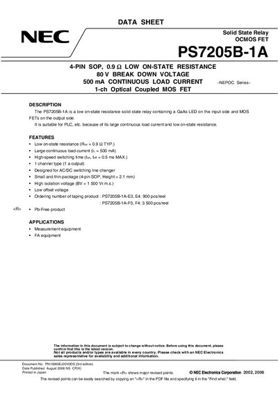 NEC PS7205B-1A Solid State Relay Datasheet - cover page