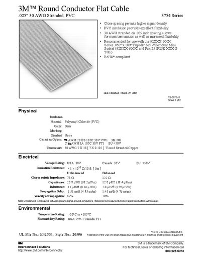 3M 3754 Series Round Conductor Flat Cable Datasheet - cover page