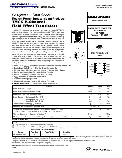 Motorola MMSF3P03HD P-Channel MOSFET Datasheet - cover page