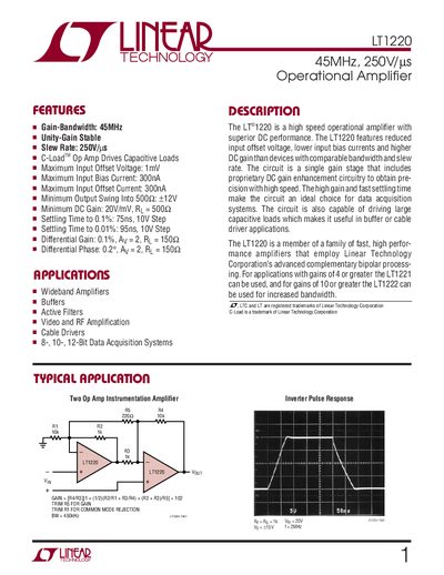 Linear Technology LT1220 Operational Amplifier Datasheet - cover page