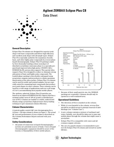 Agilent ZORBAX Eclipse Plus C8 Column Datasheet - cover page