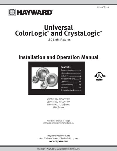 HAYWARD LPCUS11xxx LPCUN11xxx owner's MANUAL - cover page