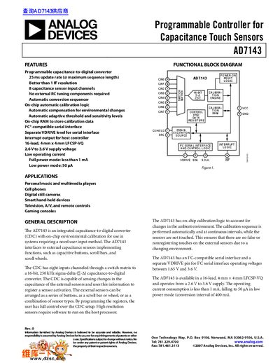 Analog Devices AD7143 Programmable Controller for Capacitance Touch Sensors Datasheet