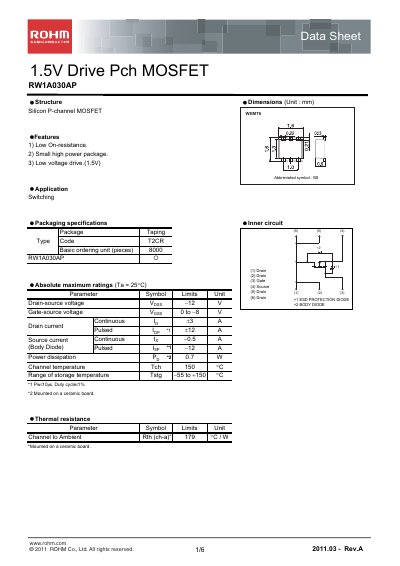 ROHM RW1A030AP P-Channel MOSFET Datasheet - cover page