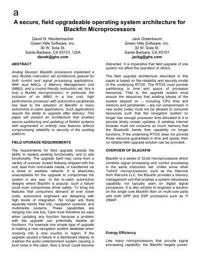 Green Hills Software INTEGRITY Secure Field Upgrade Architecture for Blackfin - cover page