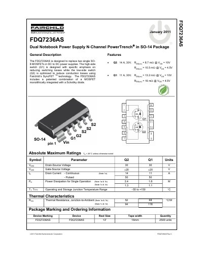 FAIRCHILD FDQ7236AS Dual Notebook Power Supply N-Channel PowerTrench in SO-14 Package handbook