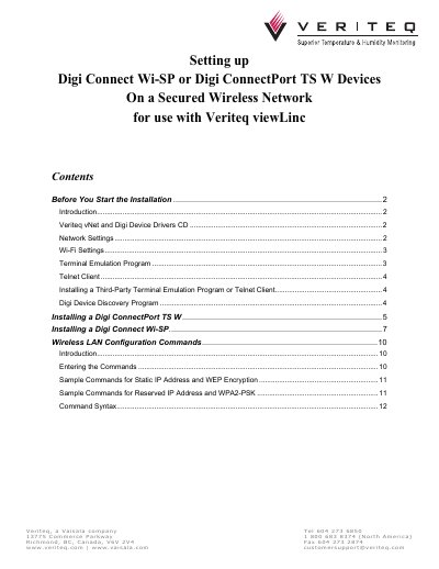 Veriteq Digi Connect Wi-SP and Digi ConnectPort TS W Installation Guide - cover page