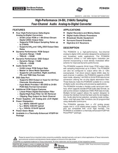 Texas Instruments PCM4204 Datasheet - cover page