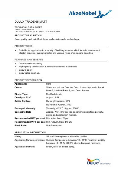 Dulux Trade 65 Matt Technical Data Sheet - cover page