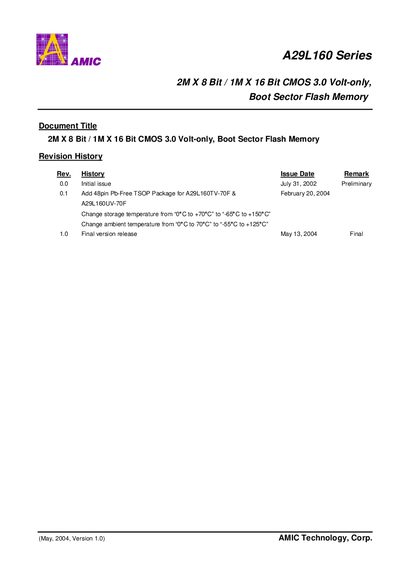 AMIC A29L160 Series Datasheet - cover page
