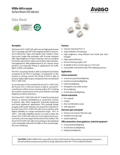 Avago HSMx-A43x-xxxxx Surface Mount LED Indicator Datasheet - cover page