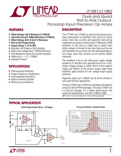 Linear Technology LT1881/LT1882 Precision Op Amp Datasheet - cover page