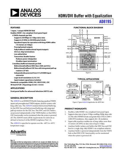 Analog Devices AD8195 HDMI/DVI Buffer Datasheet