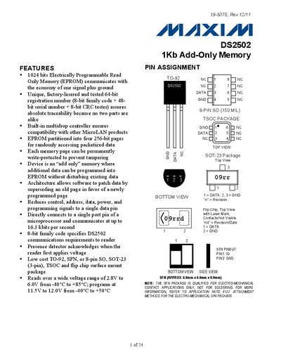 Maxim DS2502 1Kb Add-Only Memory Manual - cover page