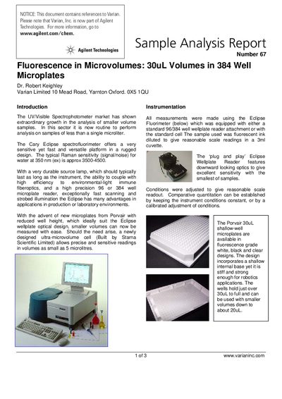 Agilent Fluorescence in Microvolumes: 30uL Volumes in 384 Well Microplates Application Note - cover page
