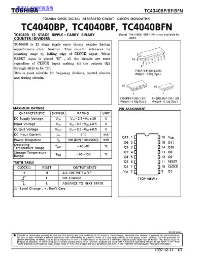 Toshiba TC4040BP/TC4040BF/TC4040BFN 12-Stage Ripple-Carry Binary Counter Datasheet - cover page