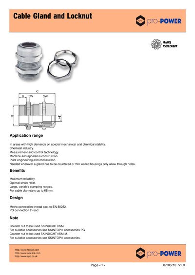 pro-Power CS OfO-POWER Cable Gland and Locknut Datasheet - cover page