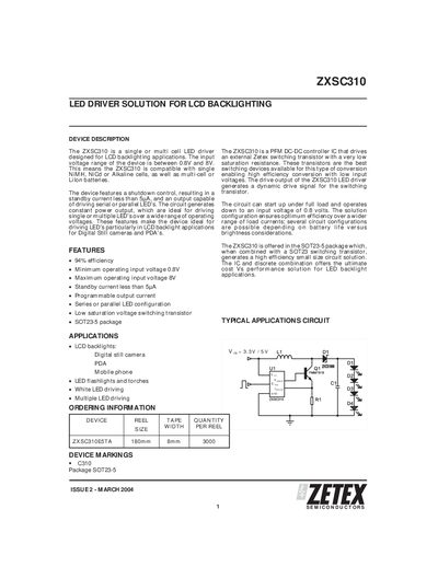 Zetex ZXSC310 LED Driver Solution for LCD Backlighting Handbook - cover page