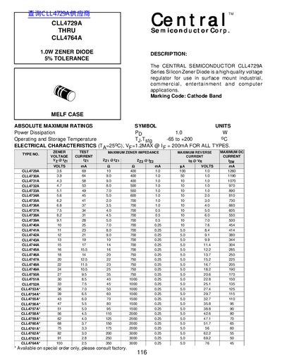 Central Semiconductor CLL4729A-CLL4764A Zener Diode Datasheet - cover page