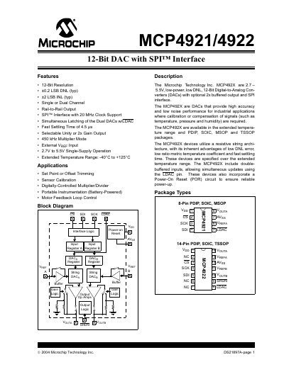 Microchip MCP4921/MCP4922 12‑Bit DAC Datasheet - cover page