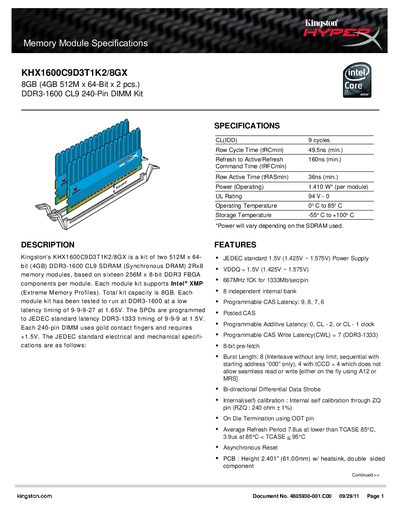 Kingston KHX1600C9D3T1K2/8GX Memory Module Specifications - cover page