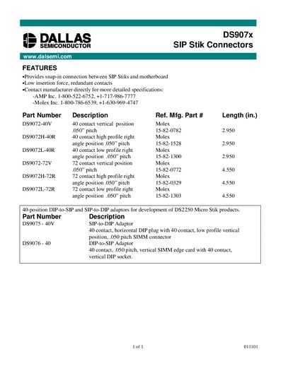 Dallas Semiconductor DS907x Series SIP Stick Connector Datasheet - cover page