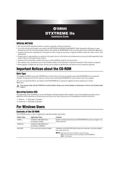 Yamaha DTXTREME IIs USB MIDI Driver Installation Guide - cover page