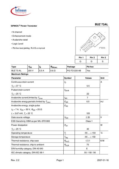 Infineon BUZ73AL Power Transistor Datasheet - cover page