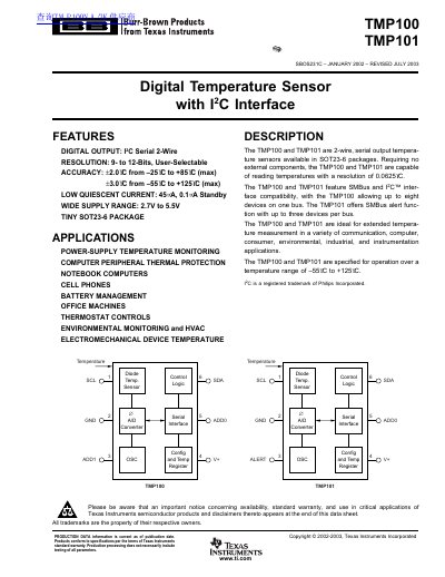 Texas Instruments TMP100/TMP101 Digital Temperature Sensor Datasheet