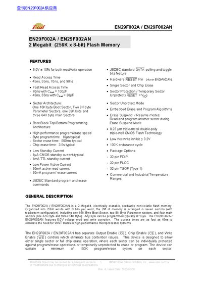 EON EN29F002A EN29F002AN 2 Megabit (256K x 8-bit) Flash Memory - cover page