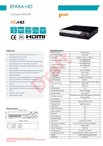 EverFocus EPARA HD 16CH HD or WD1 DVR Product Specifications - cover page
