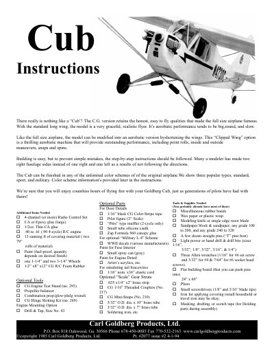 Carl Goldberg Cub Model Airplane Instructions - cover page