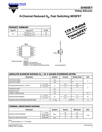 Vishay Si4850EY N-Channel MOSFET Datasheet - cover page