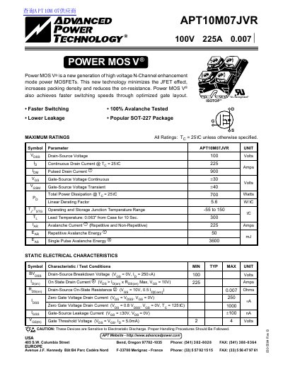 ADVANCED POWER TECHNOLOGY APT10M07JVR 100V 225A 0.007 handbook - cover page