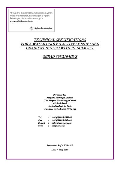 Agilent SGRAD 305/210/HD/S Water Cooled Actively Shielded Gradient System Technical Specifications - cover page