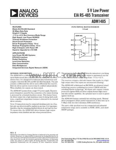 Analog Devices ADM1485 Datasheet - cover page