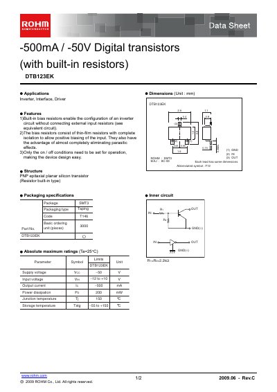ROHM DTB123EK Datasheet - cover page
