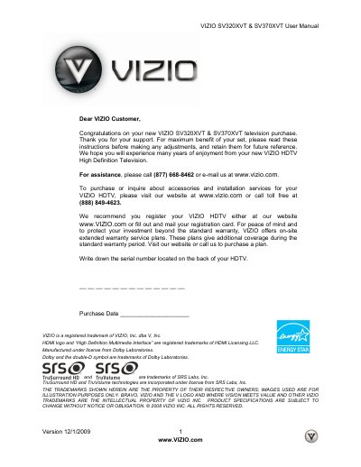 VIZIO SV320XVT & SV370XVT HDTV User Manual - cover page