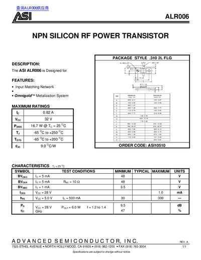 ASI ALR006 NPN Silicon RF Power Transistor Datasheet - cover page