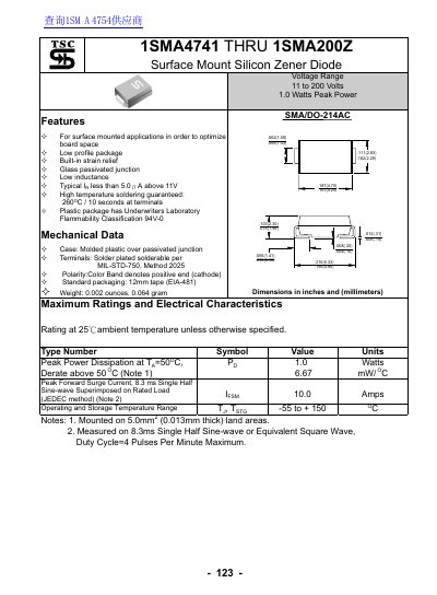 1SMA4741 THRU 1SMA200Z Surface Mount Silicon Zener Diode Datasheet - cover page