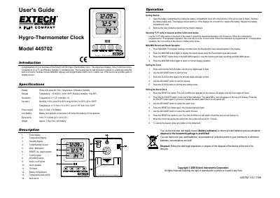 Extech 445702 Hygro-Thermometer Clock User's Guide - cover page