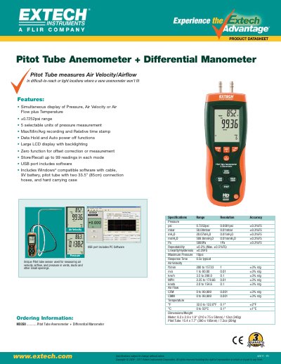 Extech HD350 Pitot Tube Anemometer + Differential Manometer Specifications Sheet - cover page
