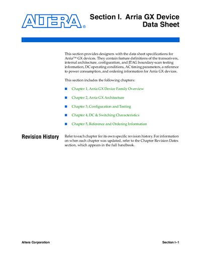 Altera Arria GX Device Handbook Data Sheet - cover page