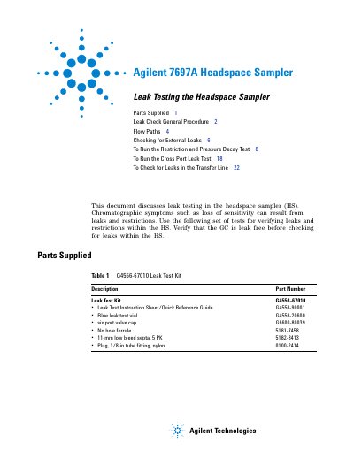 Agilent 7697A Headspace Sampler Leak Testing Guide - cover page