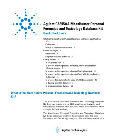 Agilent G1734AA MassHunter Personal Forensics Toxicology Kit Quick Start Guide - cover page
