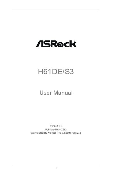 ASRock H61DE/S3 Motherboard User Manual - cover page
