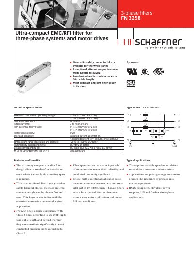 Schaffner FN 3258 Three-Phase EMC/RFI Filter Datasheet - cover page