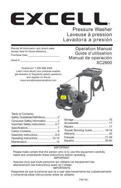 Ex-Cell XC2600 Pressure Washer Operation Manual - cover page