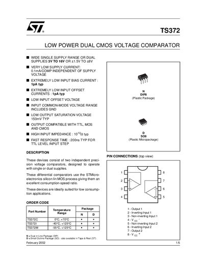 STMicroelectronics TS372 Dual CMOS Voltage Comparator Datasheet - cover page